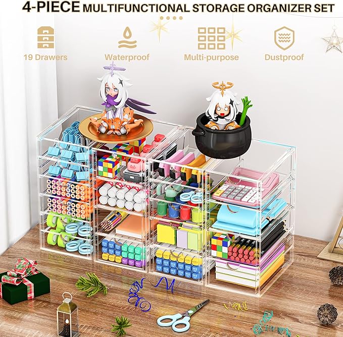 YFXCVSL Acrylic Makeup Organizer with 19 Drawers, 4 Pack Clear Storage Drawers, Bathroom Makeup Organizer for Palettes, Cosme