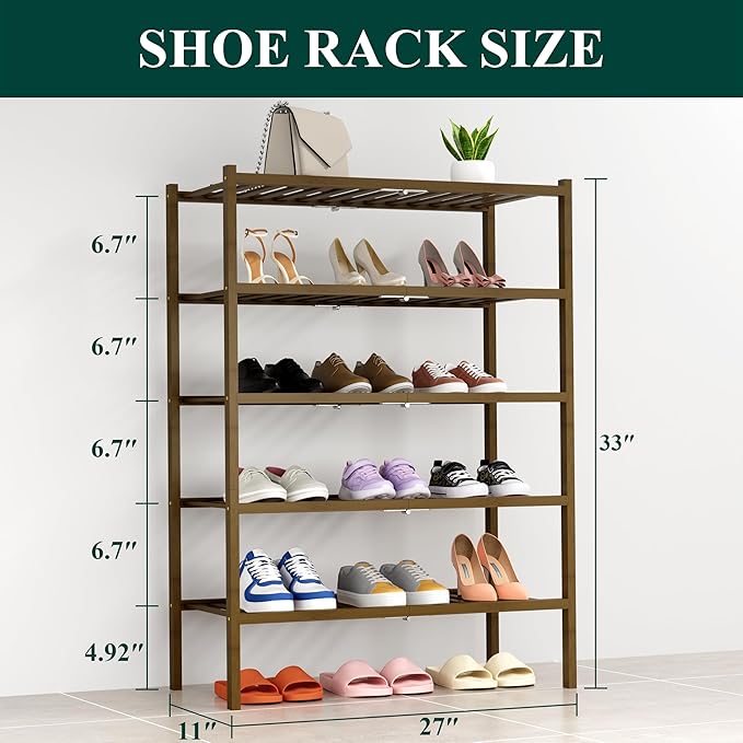 Smiry Shoe Rack, 5 Tier Thick Bamboo Shoe Organizer, Stackable Free Standing Wooden Shoe Storage Shelf for Closet, Entryway, 