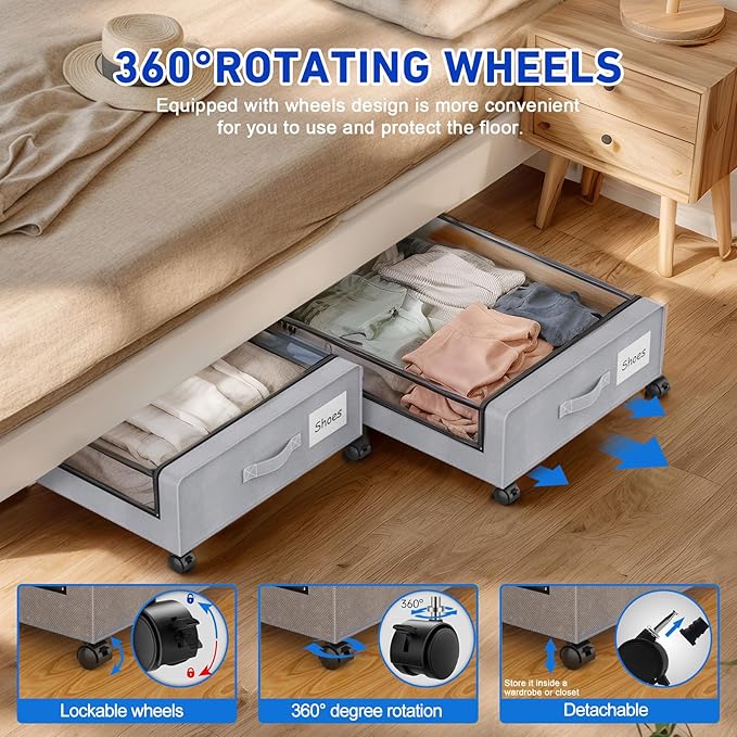Beborxue Under Bed Storage with Wheels, 4-Pack Underbed Storage Containers with Clear Lids, XXL 60L Under the Bed Storage Org