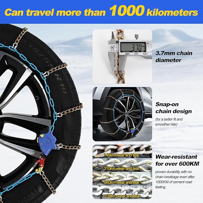 Auto Tightening Snow Chains for Cars, SUVs & Pickup Trucks – 1-Min Quick-Fit Auto Installation, Reusable Universal Emergency 