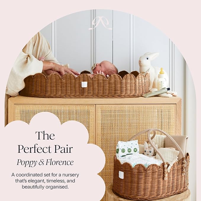 BEBE BASK Premium Baby Diaper Caddy Organizer - Handmade & Award-Winning Scalloped Rattan Basket - Luxury Diaper Caddy Basket