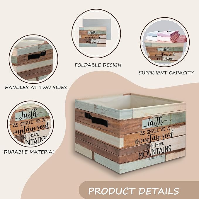 Retro Farmhouse Christian Bible Basket Foldable Storage Bins Box with Handles, Matthew 17:20 Bible Verse Religious Collapsibl