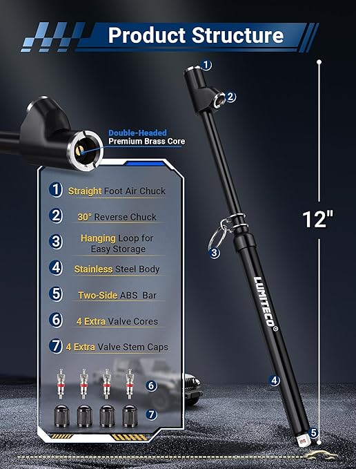 2-Pack Dual Head Tire Pressure Gauge, Heavy Duty Truck Air Pressure Gauge Range 10-150 PSI, 1-10 Bar w/Valve Cores & Valve Caps, Tire Gauges for Tire Pressure for Semi Truck, RV, Car (Black)