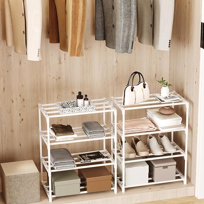 Metal Small Shoe Rack,Stackable Kids Shoe Stand,Narrow Shoe Storage Shelf for 8-10 Pairs of Shoes Entryway and Closet Hallway