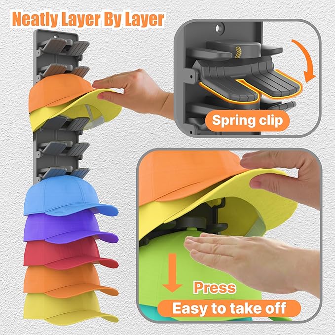 Hat Organizer for Baseball Caps 2 Packs with Built-in Spring Clips - Wall Mount Closet Hat Rack Holder,Storage for Door/Close