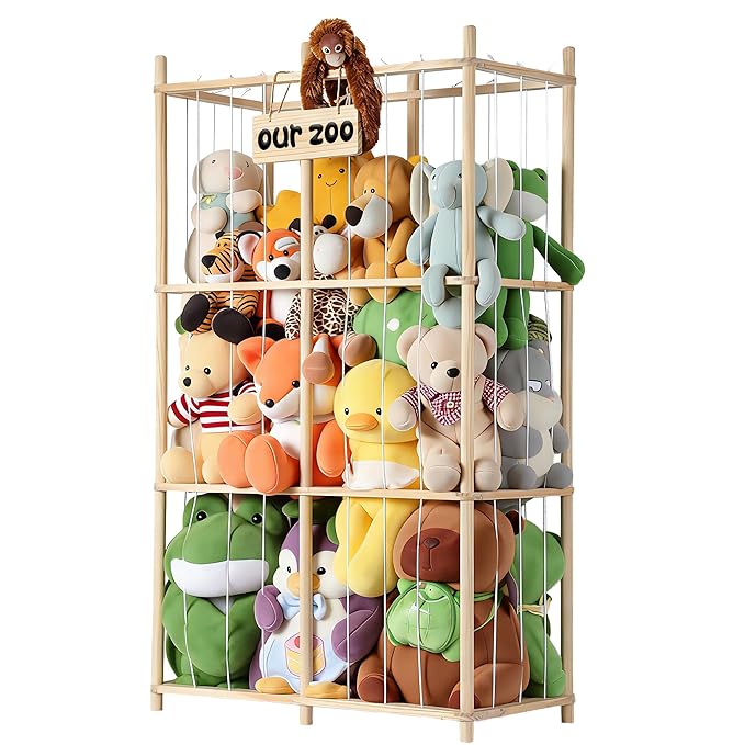 LAMU Stuffed Animal Storage, Wooden Zoo Stuffed Animal Holder with Elastic Cords, Space Save Plush Toy Cage, Double Capacity 
