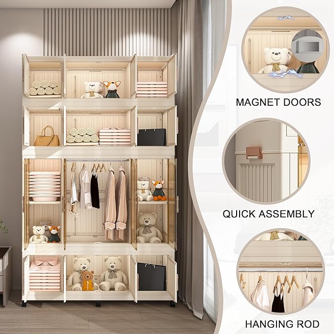 Montary Portable Wardrobe Kids Closet Storage Organizer for Clothes, Children's Wardrobe Closet with 17 Magnetic Doors-17 Cub
