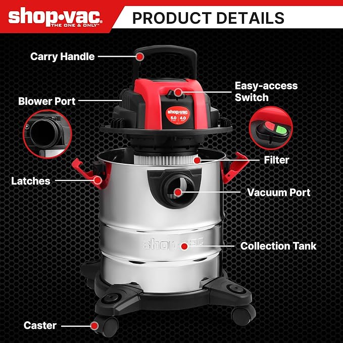 Shop-Vac 5 Gallon 4.0 HP Wet/Dry Vacuum with Blower Function, Stainless Steel Tank, Portable Shop Vacuum with Wheels, Include