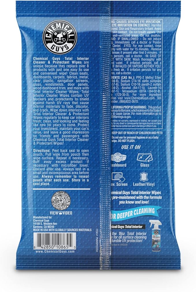 Chemical Guys PMWSPI22050 Total Interior Cleaner & Protectant Wipes Mega 100 Pack, Safe for Cars, Trucks, SUVs, Jeeps, Motorc