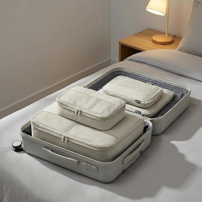 4 Piece Compression Packing Cubes for 3–7 Day Travel, Lightweight Travel Organizers with Breathable Mesh, Double-Zipper Packi