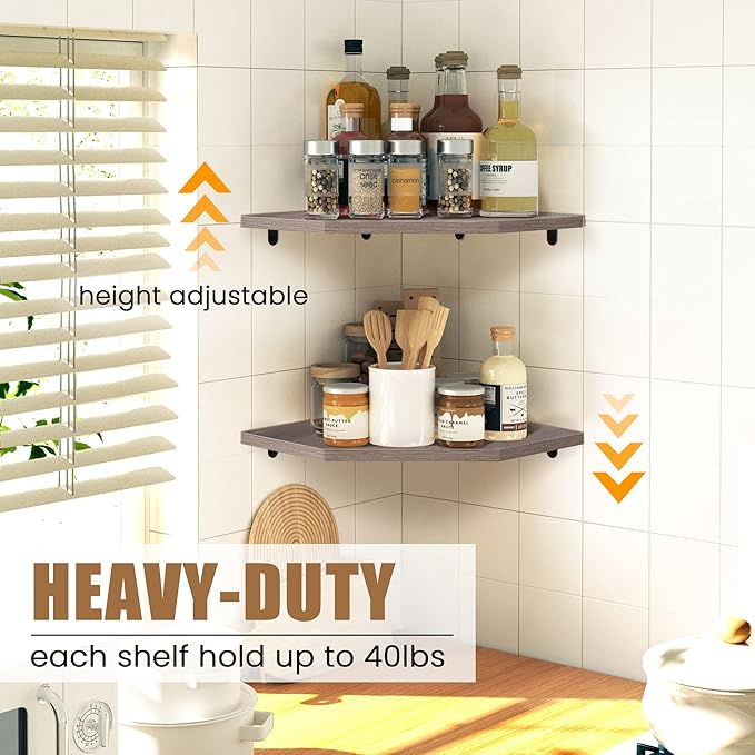 Fun Memories Corner Shelf Wall Mount, Corner Floating Shelves, Set of 4 Corner Wall Shelf Organizer, Rustic Wood Wall Storage