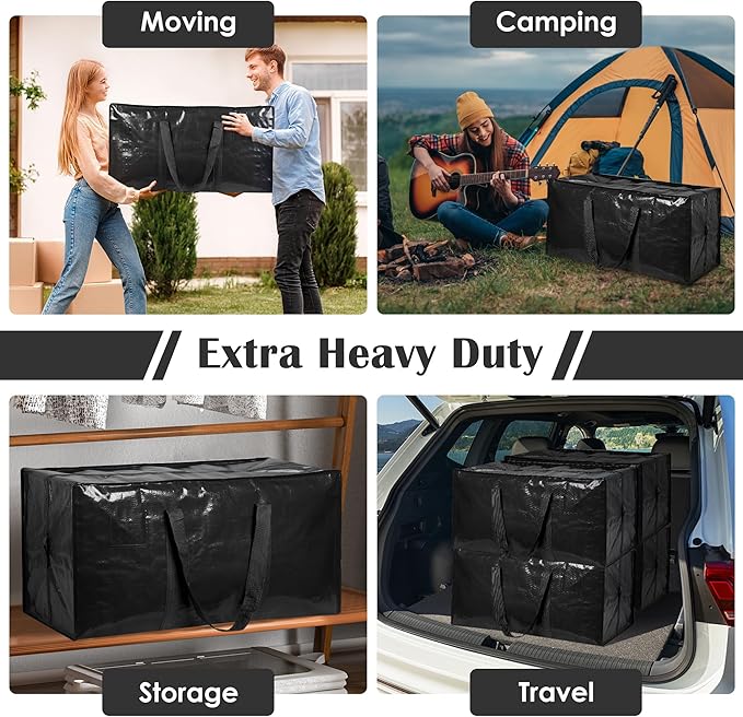 6 Pack Moving Bags with Full-Open Side Zipper, Extra Large 93L Heavy Duty Waterproof Foldable Storage Totes for College Dorm,