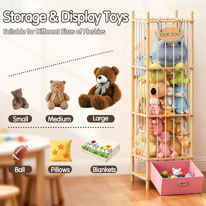Brelley Stuffed Animal Storage Wood Toy Storage Organizer with Drawer, Large Toy Chest Stuffed animal holder for Kids Nursery