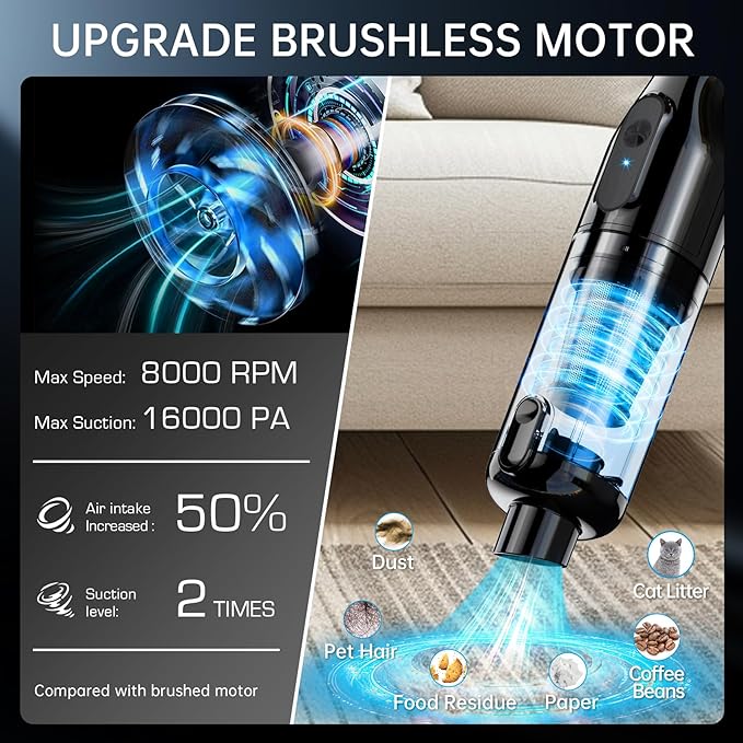 Handheld Vacuum Cordless, 16000Pa Powerful Suction, Lightweight at 1.3 lbs, Type-C Charge, Multiple Accessories, Rechargeable