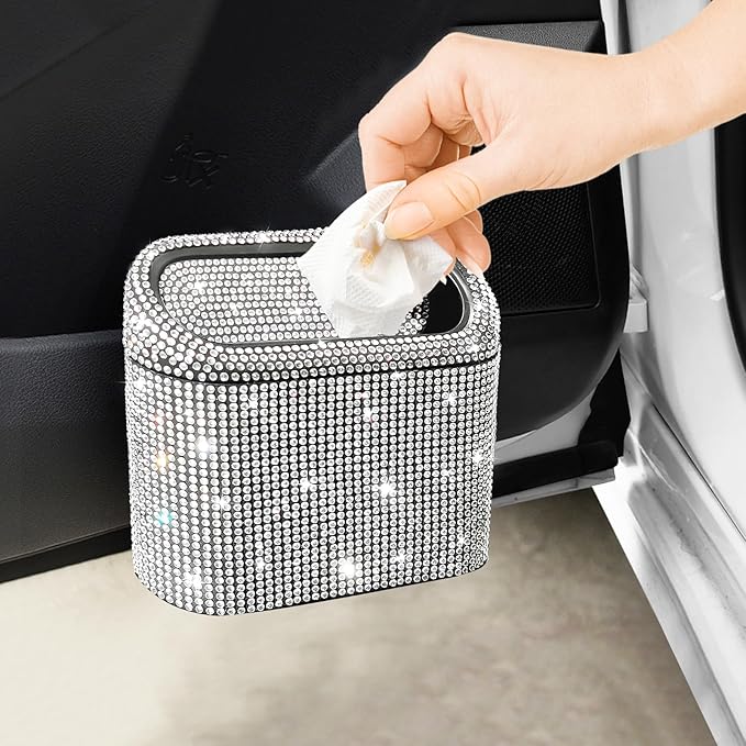 Accmor Bling Car Trash Can with 30pcs Garbage Bags, Vehicle Trash Bin with Lid Auto Dustbin Organizer Garbage Storage, Sparkling Crystal Mini Trash Container Holder