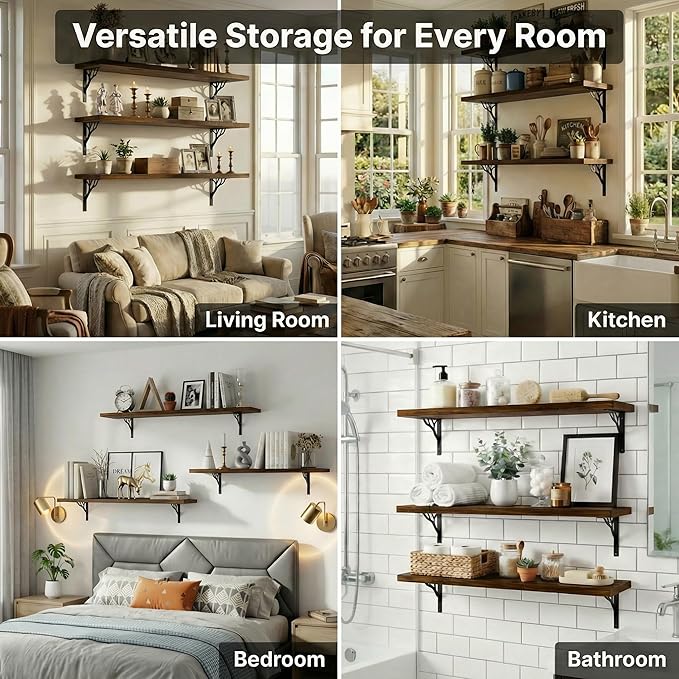 48Inch Solid Pine Wood Floating Shelves Set of 3, Walnut Wood Wall-Mounted Storage Shelves with Heavy-Duty Metal Brackets | D