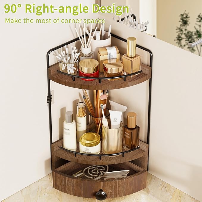 2-Tier Corner Bathroom Counter Organizer with Drawer & Embedded Screw Holes - Wooden Countertop Organizers for Skincare, Make