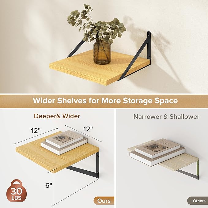Deep Floating Shelves Wall Mounted, 12"x12" Oak Wall Shelves with Brackets Set of 2 for Bedroom, Living Room, Bathroom, Kitch