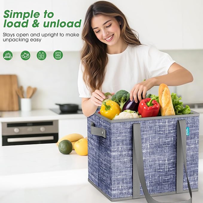 Fab totes Reusable Grocery Bags, Large Foldable Shopping Tote Bags with Reinforced Handles & Hard Bottom,3 Pack,Blue