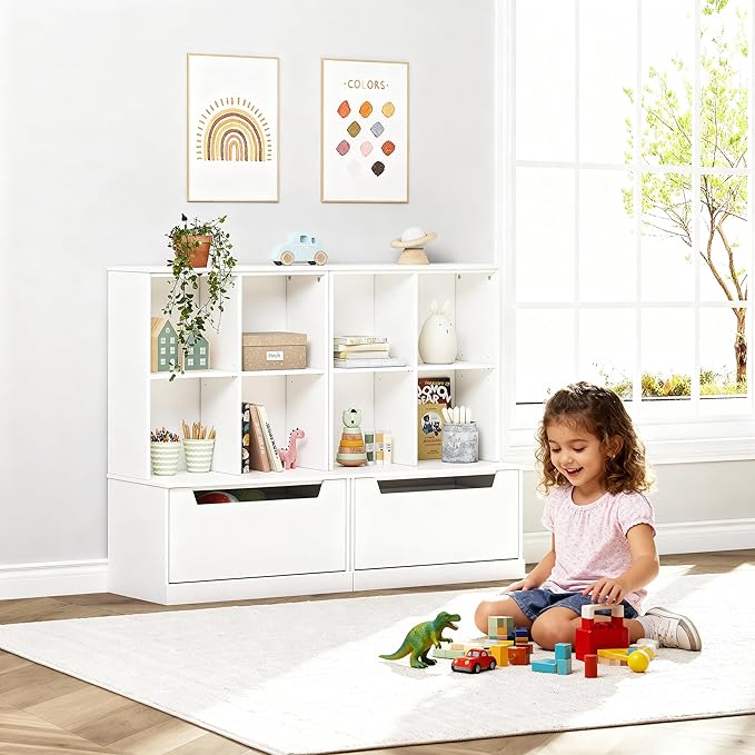 UTEX Kids Bookshelf and Toy Storage Organizer, Toddlers Bookcase with Cubbies, Adjustable Wood Shelf with Drawer for Bedroom,