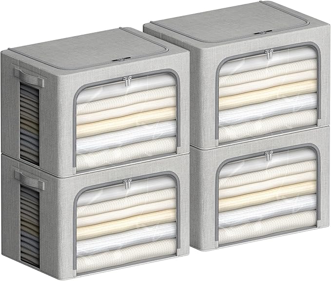 CYhom 4 Pack Clothes Storage Bins with Metal Frame - Linen Fabric Foldable Stackable Container Organizer Set with Clear Windo