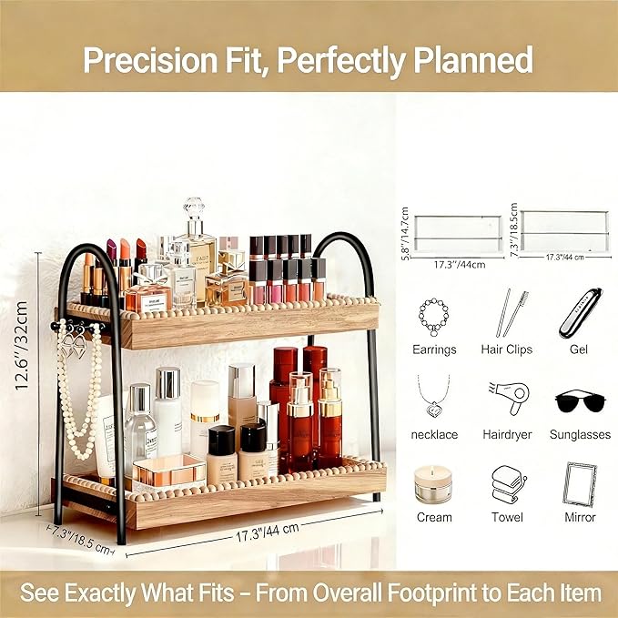 2-Tier Large & Medium Perfume Organizer with 8 Hooks for Jewelry, Bathroom Countertop & Vanity Tray Makeup Shelf - Space Savi