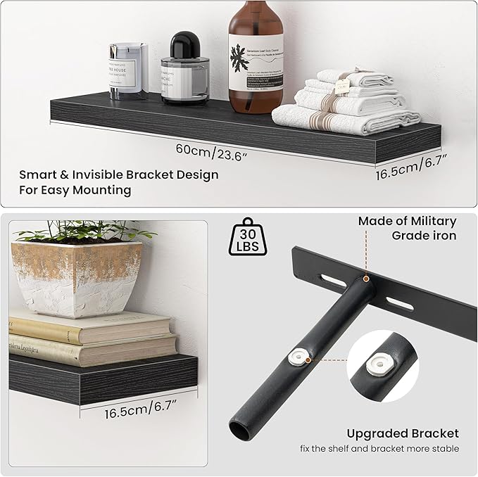 Heimlove 24 Inch Floating Shelves for Wall,Mounted Storage Wood Shelves with Invisible Brackets Hanging Shelf for Bedroom,Liv