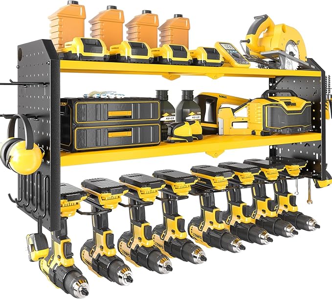 KAFAHOM Power Tool Organizer，Large 8 Drill Holder Wall Mount ，Heavy Duty Metal Tool Shelf with 12 Hooks Storage Rack for Gara