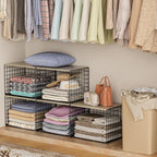 Extra-Long Closet Organizers and Storage with Top Board, 3 Pack Stackable Closet Shelf Organizer, Double Storage Design Cloth