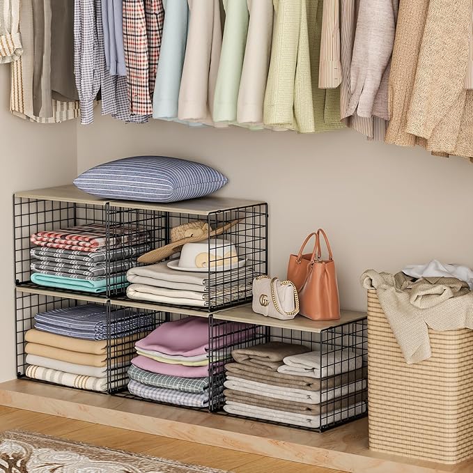 Extra-Long Closet Organizers and Storage with Top Board, 3 Pack Stackable Closet Shelf Organizer, Double Storage Design Cloth