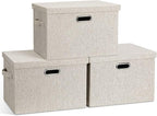 Graciadeco Large Quart Collapsible Stackable Storage Bins with Lids, 3 Packs Beige Linen Fabric Closet Boxes with Lids, Stora