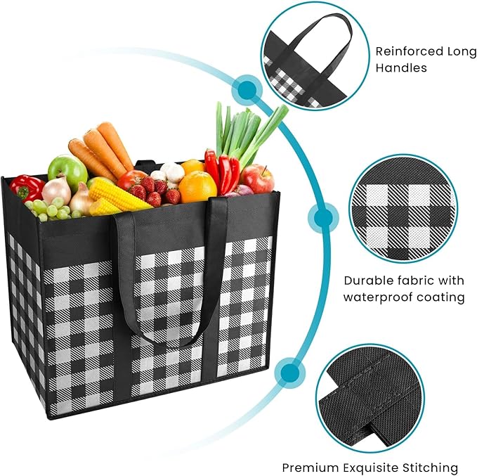 WOWBOX Reusable Grocery Bags,4-Pack, Foldable Reusable Shopping Tote Bags bulk with Reinforced Handles,Large Storage Bags with Water Resistant Coating for Groceries,Multipurpose,Black-White