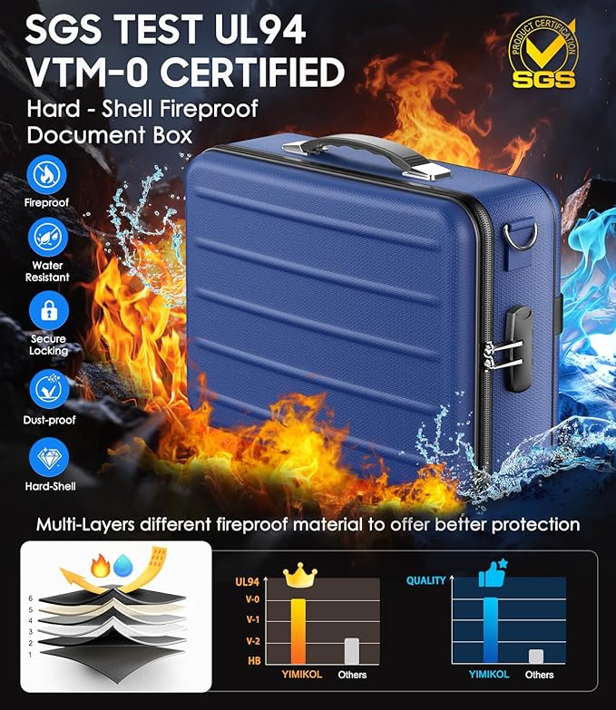 Fireproof Document Box with Lock, Hard-Shell Fireproof Safe for Home Documents, Portable Travel Fire Proof File Box for Passp