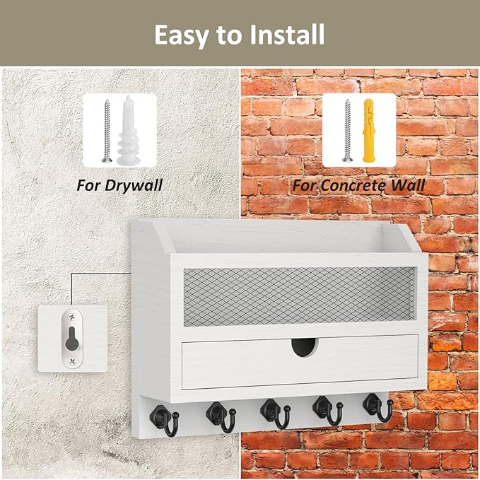Nekon Key and Mail Holder for Wall, Key Organizer with 5 Hooks & Storage Drawer, 11" W x 7.9" H x 3.1" D Wooden Key Rack for 