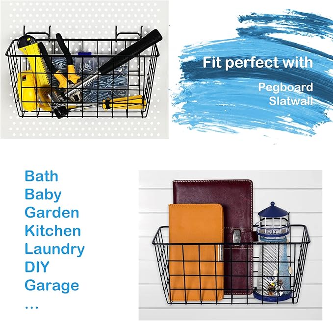 4 Pack Pegboard Baskets, Black Metal Shelves Hooks to 1/8" and 1/4" Hole Peg Boards, Peg Board Baskets Bins Set - Organize To
