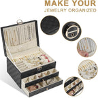 GUOER Jewelry Box for Women Girl Wife - Large PU Leather Jewelry Organizer Storage Case with 3 Layers Display for Earrings Br