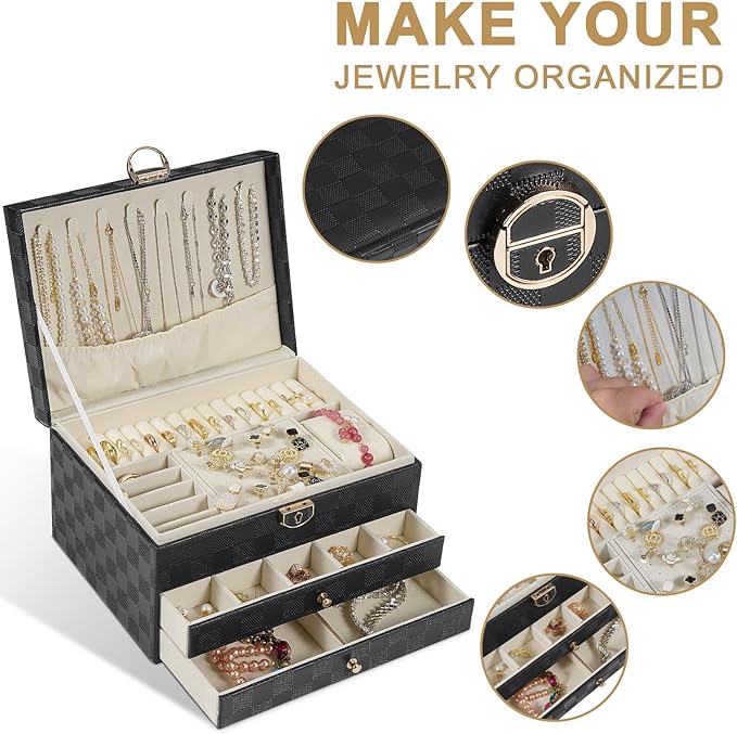 GUOER Jewelry Box for Women Girl Wife - Large PU Leather Jewelry Organizer Storage Case with 3 Layers Display for Earrings Br