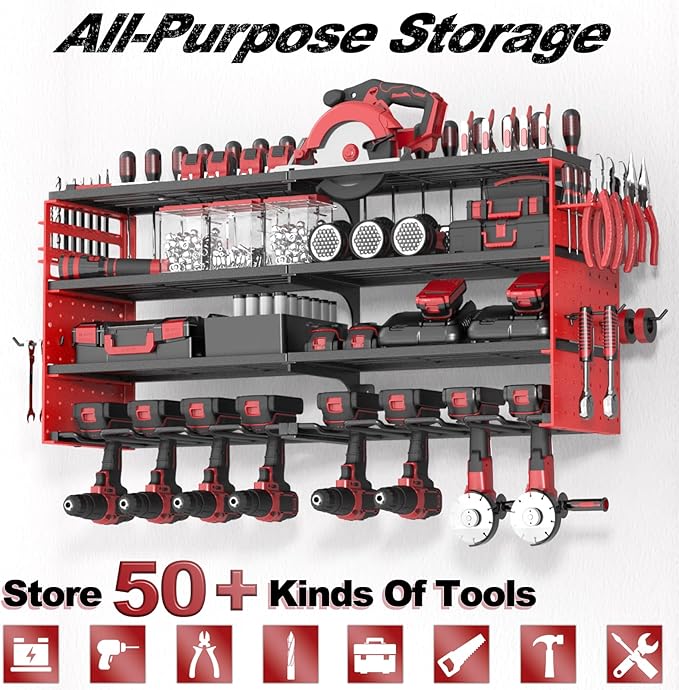 Power Tool Organizer Wall Mount, Cordless Drill Hanger Storage Rack 8 Drill Holder, 4 Layer Heavy Metal Large Capacity Tool R