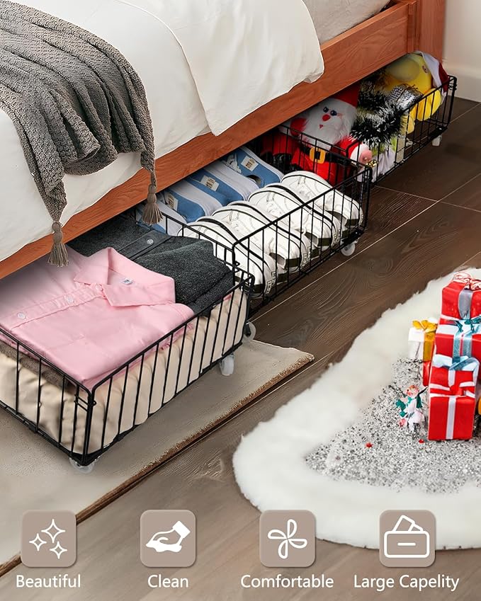 4 Pack Larger Under Bed Storage With Wheels,Rolling Under Bed Drawer,Under Bed Shoes Storage,Open Design, Large capacity,Suit