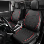 CAR PASS Universal FIT Piping Leather Two Front Seat Covers, Waterproof Faux Leather for SUV Sedan Van Truck, Airbag Compatible,Reserved Opening Holes for Headrest Covers. (Black red)