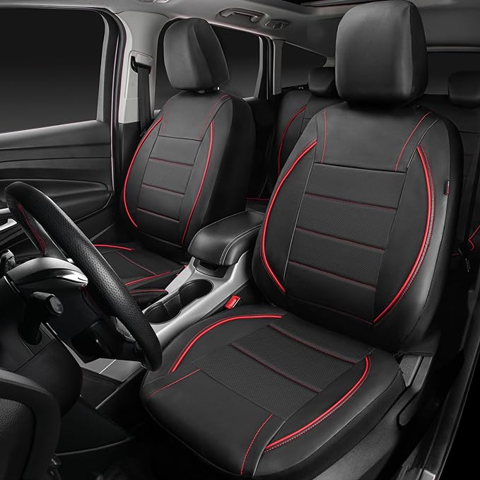 CAR PASS Universal FIT Piping Leather Two Front Seat Covers, Waterproof Faux Leather for SUV Sedan Van Truck, Airbag Compatible,Reserved Opening Holes for Headrest Covers. (Black red)