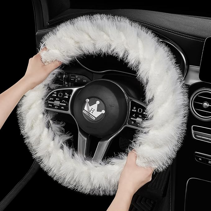 Fuzzy Winter Steering Wheel Covers for Women, Warm Cute Fluffy Car Wheel Cover for F150, Trucks, Jeep, Van, Soft Furry Auto Plush Large Car Handle Cover for Cold Weather, 15.2-16in, White