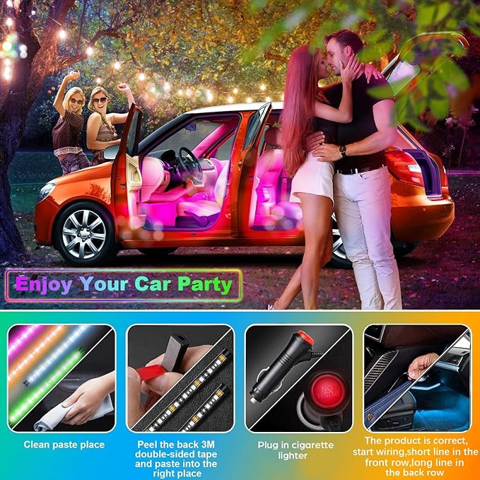 Car LED Strip Light, EJ's SUPER CAR 4pcs 48 LED Multi-Color Car Interior Lights Under Dash Lighting Waterproof Kit with Multi-Mode Change and Wireless Remote Control, Car Charger Included,DC 12V