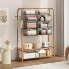 SWTYMIKI Hanging Closet Organizer Storage - 4 Tier Metal Stackable Hanging Closet Shelves with Dividers and S Hooks, Foldable