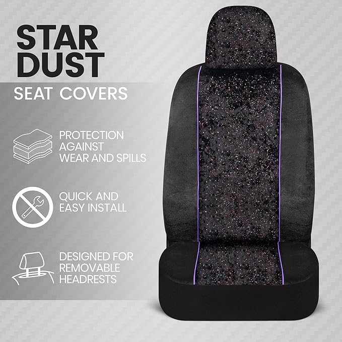 BDK Black Stardust Car Seat Covers for Front Seats, 2 Count.Glitter Pattern Front Seat Cover Set with Matching Headrest, Side