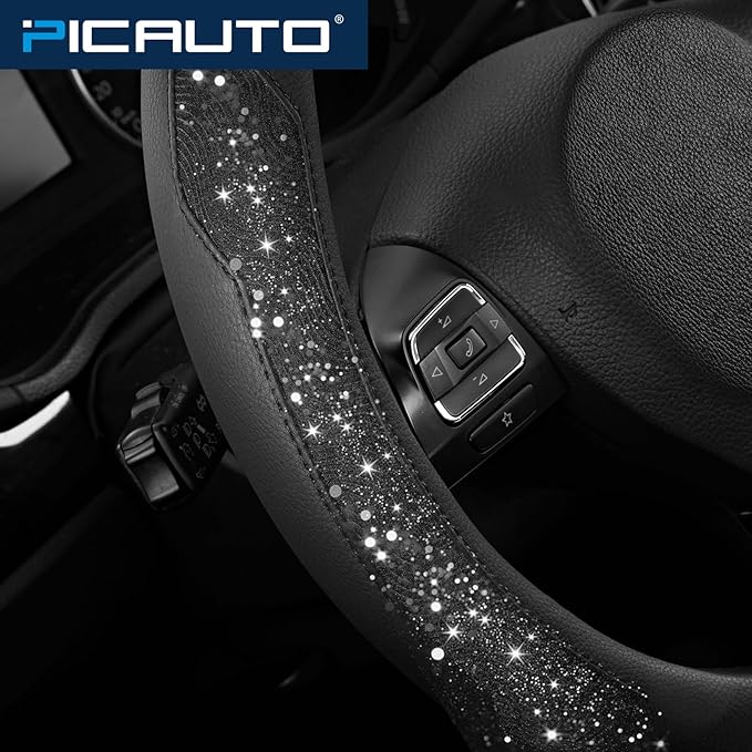 PIC AUTO Steering Wheel Cover, Black Sparkly Crystal Bling Glitter with Leather, Universal Fit 14.5"-15.5" Car Steering Wheel