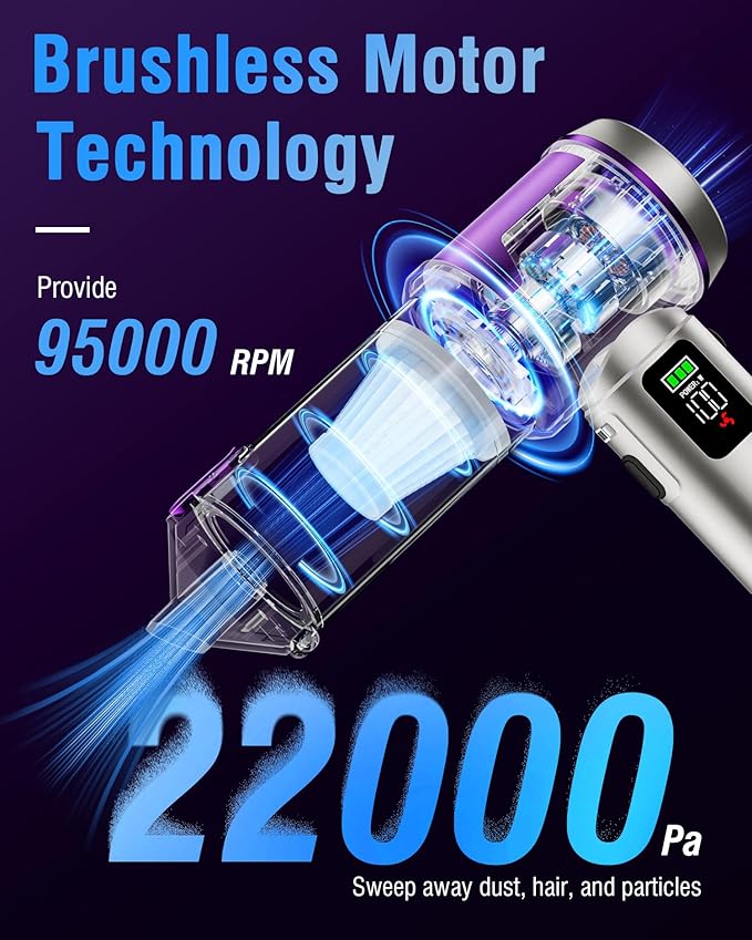 Handheld Car Vacuum Portable Cordless, 22000Pa High-Power Suction Hand held Vacuum Cleaner & Air Duster for Car Cleaning, Hom