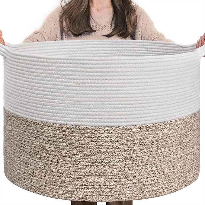 INDRESSME Large Laundry Basket, 21.7'' x 13.8'' Cotton Rope Blanket Basket Living Room Toy Baskets Storage Kids, Woven Basket