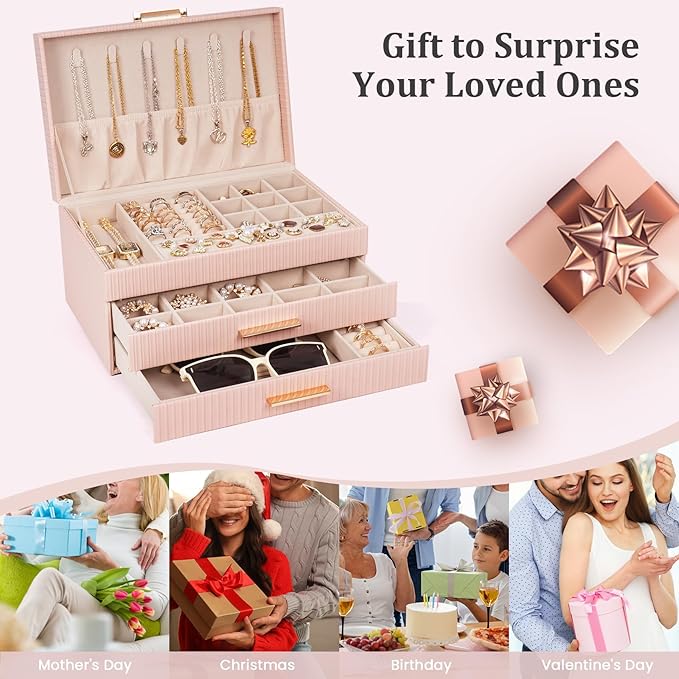 Dajasan Jewelry Box Organizer, 3-Tier Jewelry Storage Organizer with 2 Drawers, Large Jewelry Box for Girls Women, PU Leather