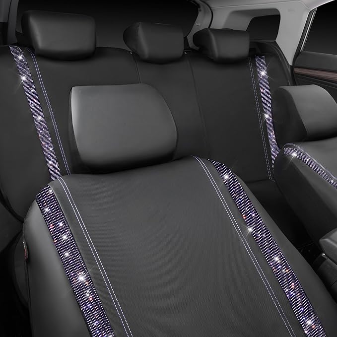 CAR PASS Bling Diamond Car Seat Covers Full Set,Shining Rhinestone Waterproof Faux Leather,Rear with Zipper,Universal Fit Automotive Glitter Crystal Sparkle Strips for Women,Violet Purple Rhinestone